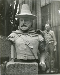 The Duxbury Rural & Historical Society recently acquired this photograph of sculptor John Horrigan with Myles Standish’s head, 1930.